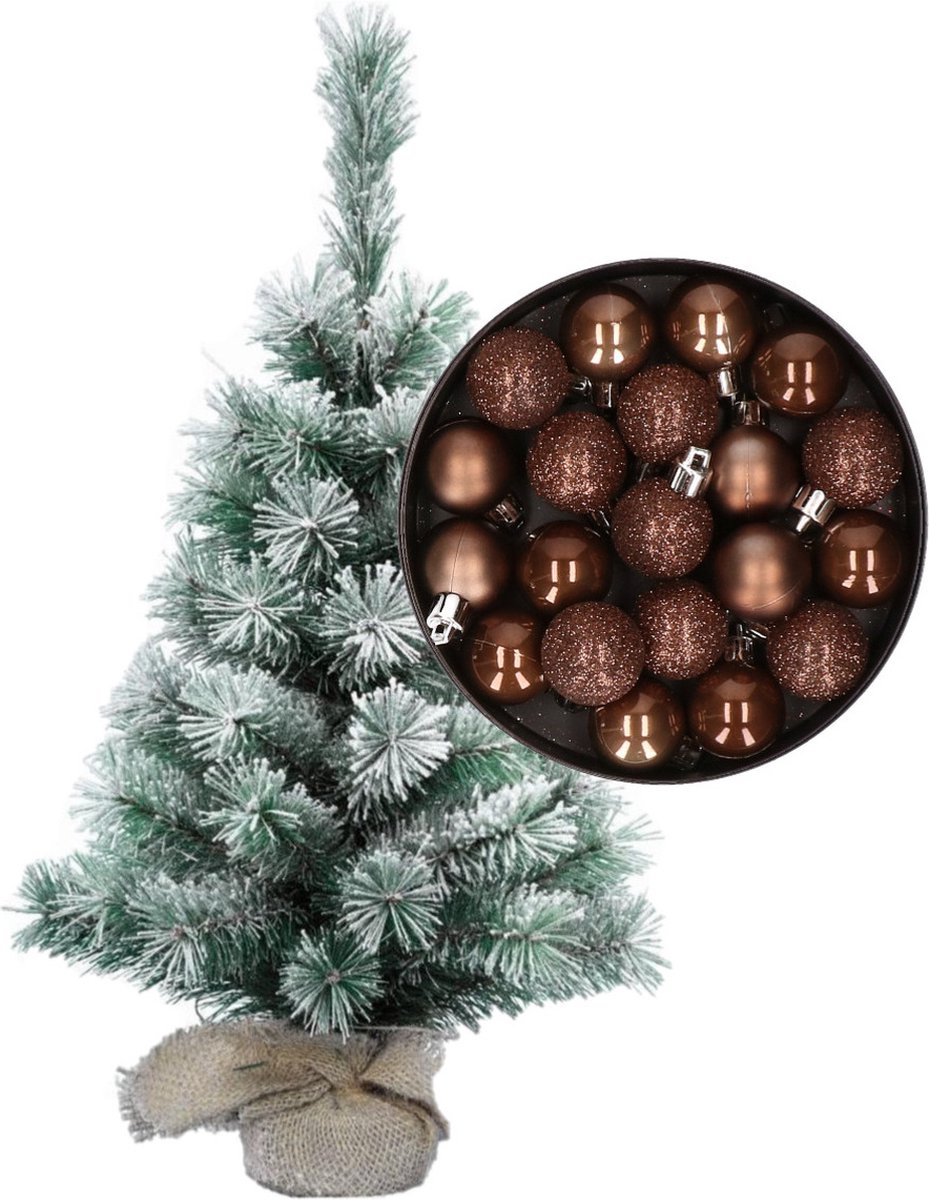 Besneeuwde mini kerstboom/kunst kerstboom 35 cm met kerstballen donkerbruin - Kerstversiering