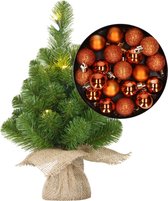 Mini sapin de Noël/sapin artificiel avec éclairage 45 cm et comprenant des boules de Noël orange - Décorations de Noël