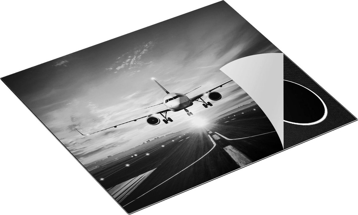 Chefcare Inductie Beschermer Vliegtuig met een Landing op de Luchthaven - Zwart Wit - 60x55 cm - Afdekplaat Inductie - Kookplaat Beschermer - Inductie Mat