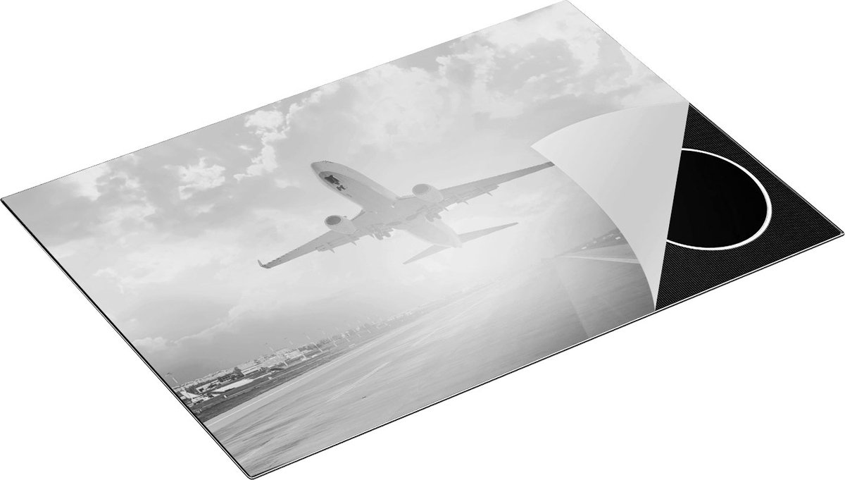 Chefcare Inductie Beschermer Vliegtuig Stijgt op het Landingsbaan met Zon - Zwart Wit - 75x52 cm - Afdekplaat Inductie - Kookplaat Beschermer - Inductie Mat