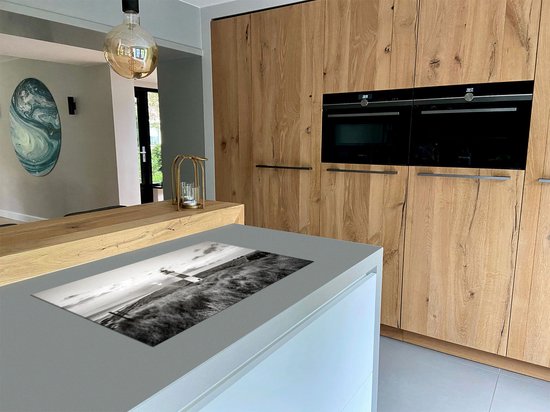 Chefcare Inductie Beschermer Vuurtoren met Zonsopgang op een Eiland - Zwart Wit - 91,6x52,7 cm - Afdekplaat Inductie - Kookplaat Beschermer - Inductie Mat