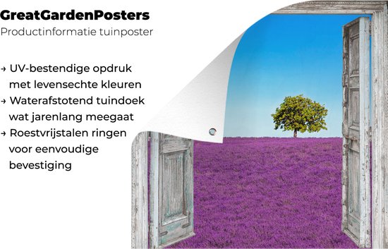 Affiche de jardin - Violet - Lavande - Arbre - Vue - Jardin - 100x100 cm - Décoration clôture - Peinture jardin - Tissu jardin