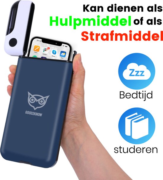 Blauwe telefoonkluis, opengewerkt, met een hand die hem vasthoudt. Iconen voor 'Bedtime' en 'studeren' zijn zichtbaar.