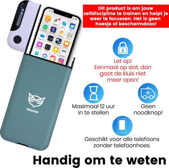 Groene telefoonkluis met een iPhone erin, en icoontjes met tekst over timer, geen noodknop en geschiktheid voor alle telefoons.