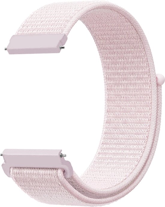 Lichtroze nylon horlogebandje met zilverkleurige sluitingen.