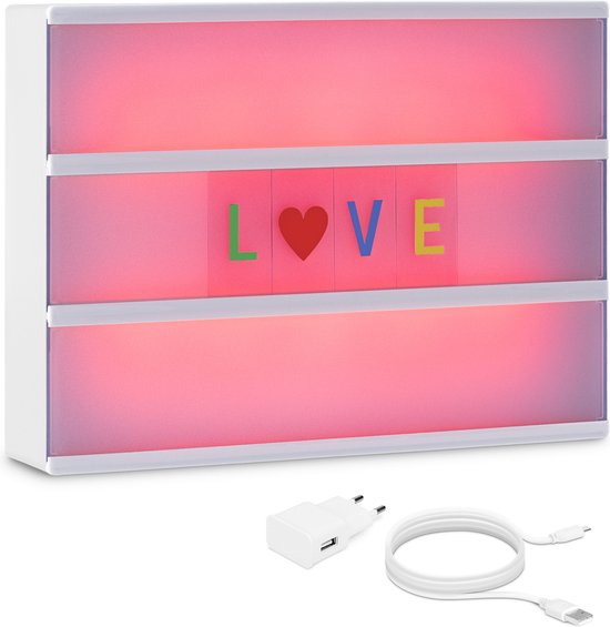 kwmobile LED Lichtdoos A4 - Kleurveranderende lightbox met 126 letters en symbolen - Berichtbord met USB of op batterijen - 7 verschillende kleuren