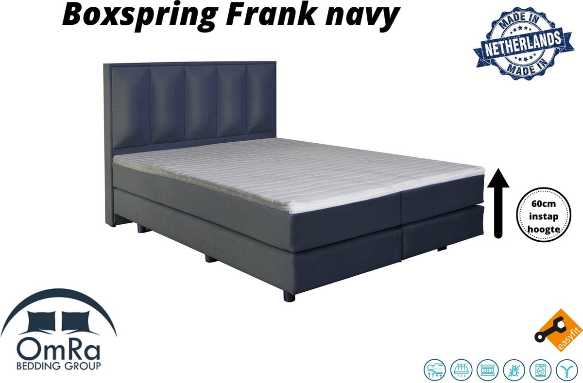 Omra Bedding- Complete boxspring - Frank Navy - 100x220 cm - Inclusief Topdekmatras - Hotel boxspring