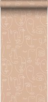 ESTAhome behang line art gezichten perzik roze en wit - 139214 - 0,53 x 10,05 m