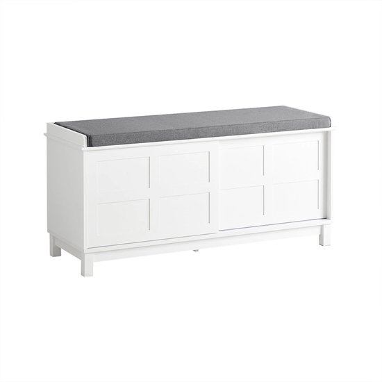 Banc à chaussures Mara - Avec coussin d'assise - Meuble à chaussures - Pratique - Meuble de rangement - MDF - Wit - Grijs - 40 x 114 x 53 cm