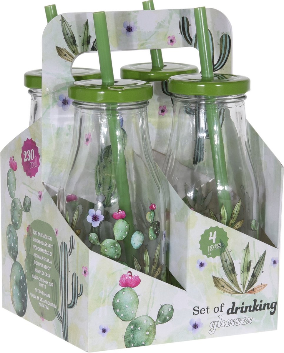 Progarden Drinkflessen Cactus Glas Transparant/groen 4 Stuks