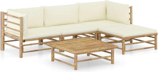 vidaXL - 5-delige - Loungeset - met - crèmewitte - kussens - bamboe