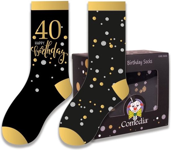 Zwarte sokken met gouden boord en de tekst '40 HAPPY BIRTHDAY' in gouden glitter, met zilveren en gouden confetti.