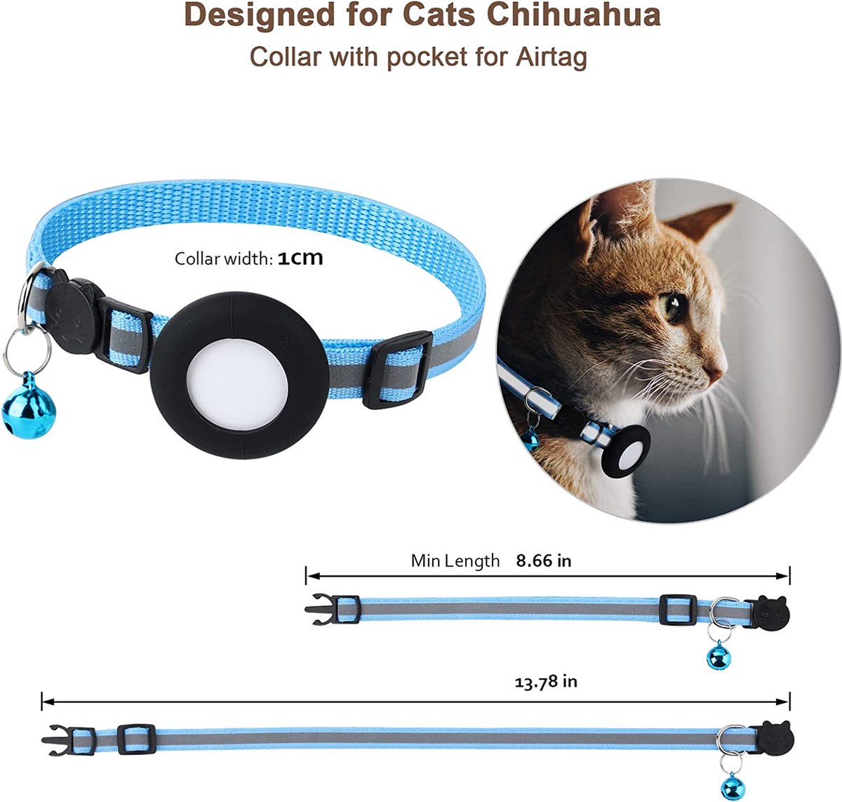 ONEONTA AirTag Kattenhalsband – Breakaway, Reflecterend, Verstelbaar, Met Hoesje En Bel, Zwart Maat S