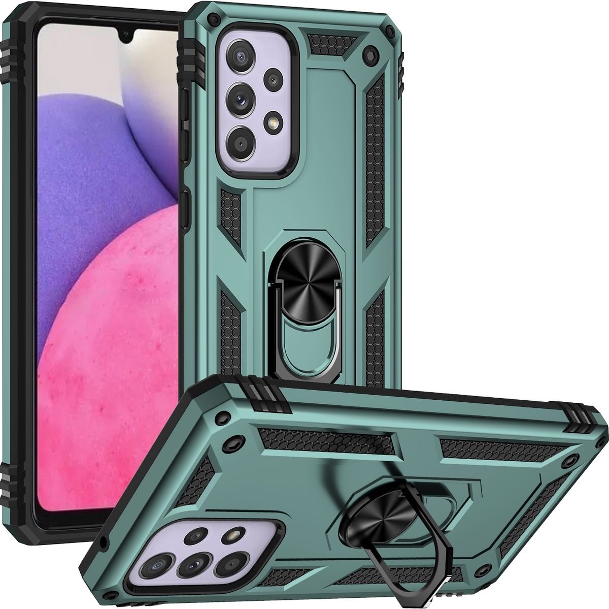 Mobigear Hoesje geschikt voor Samsung Galaxy A33 Telefoonhoesje Hardcase | Mobigear Armor Ring Backcover Shockproof met Ringhouder | Schokbestendig Galaxy A33 Telefoonhoesje | Anti Shock Proof - Groen