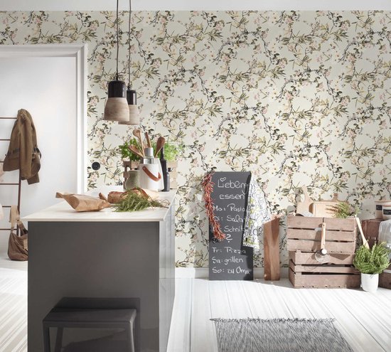 Papier peint Fleurs Profhome 364982-GU papier peint intissé légèrement texturé avec motif floral mat beige vert gris rose 5,33 m2