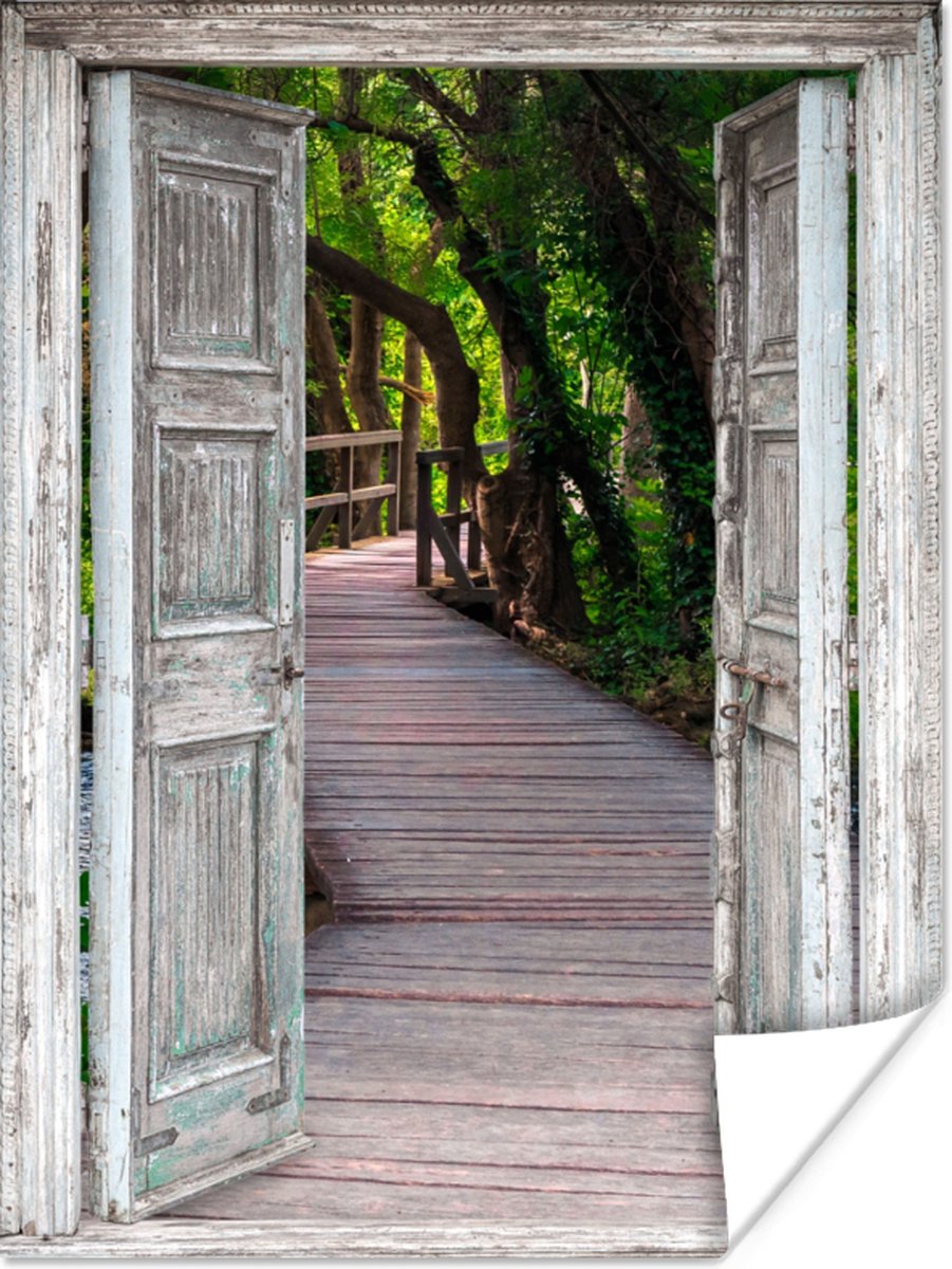 Poster Brug - Bos - Doorkijk - 60x80 cm