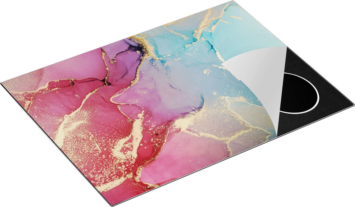 Chefcare Inductie Beschermer Abstracte Kunst van Marmer - Roze met Blauw - 71x52 cm - Afdekplaat Inductie - Kookplaat Beschermer - Inductie Mat