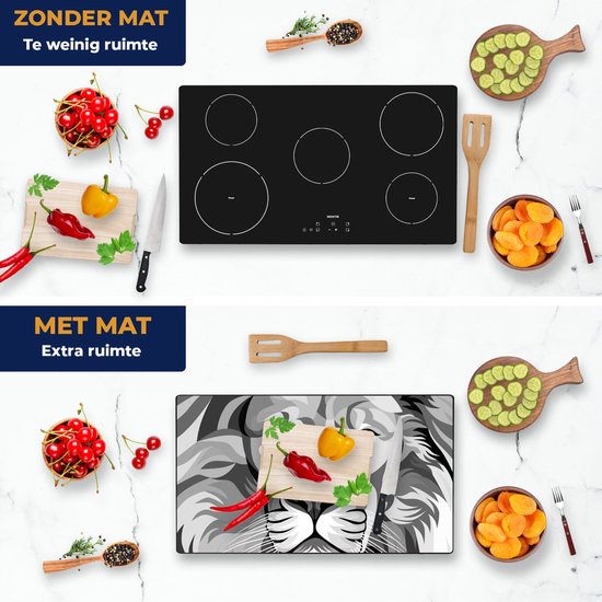Chefcare Inductie Beschermer Gekleurde Leeuw - Leeuwenkop - Abstract - Zwart Wit - 91,6x52,7 cm - Afdekplaat Inductie - Kookplaat Beschermer - Inductie Mat