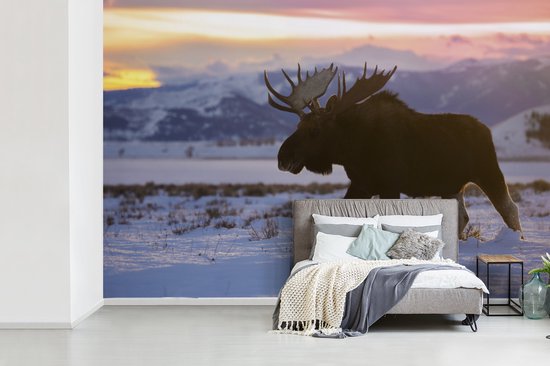 Papier peint Papier peint photo en vinyle - Elk marche dans la neige largeur 390 cm x hauteur 260 cm - Tirage photo sur papier peint (disponible en 7 tailles)