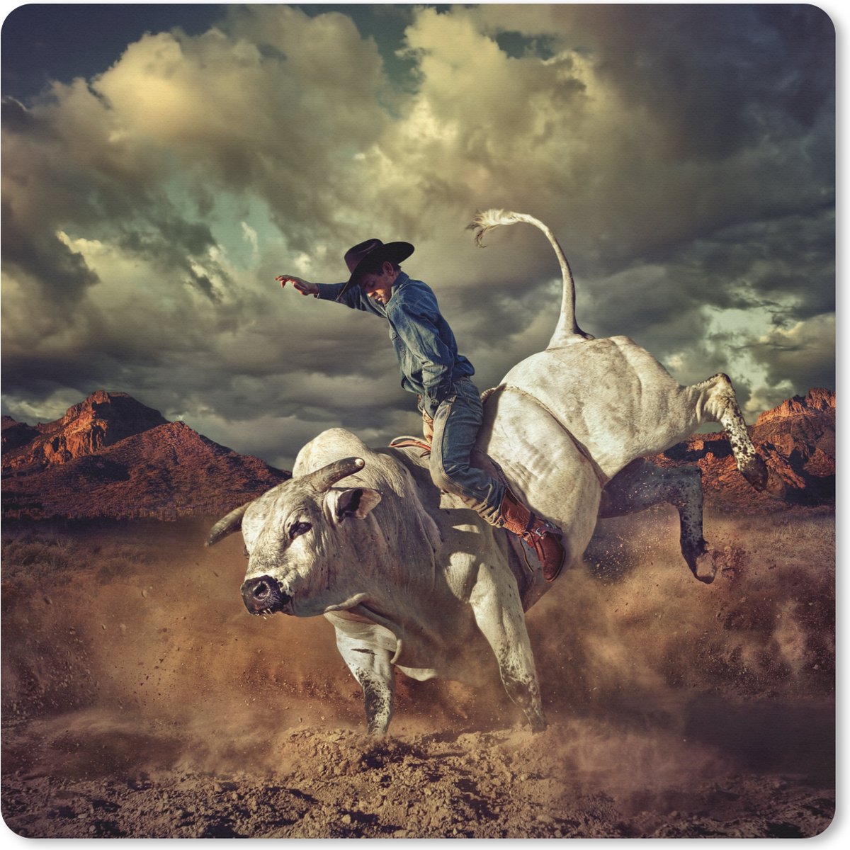 Muismat XXL 80x80 cm - Bureau onderlegger - Bureau mat Een cowboy op een stier - Bureaumat - Gaming mousepad xl - Bureaulegger groot - Computer deskmat