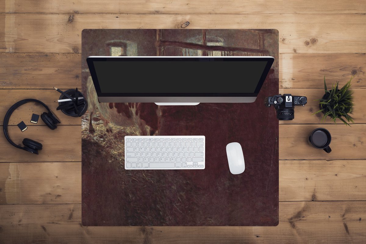 Muismat XXL 80x80 cm - Bureau onderlegger - Bureau mat Koeien in de schuur - schilderij van Gustav Klimt - Bureaumat - Gaming mousepad xl - Bureaulegger groot - Computer deskmat