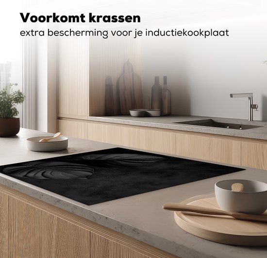 KitchenYeah® Inductie beschermer 58x59 cm - Zwart - Blad - Monstera - Afdekplaat voor kookplaat - Bescherming inductieplaat mat - Beschermplaat - Beschermmat inductiekookplaat - Keuken accessoires