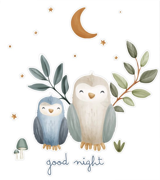 Twee uilen met takken en sterren, met de tekst "good night".