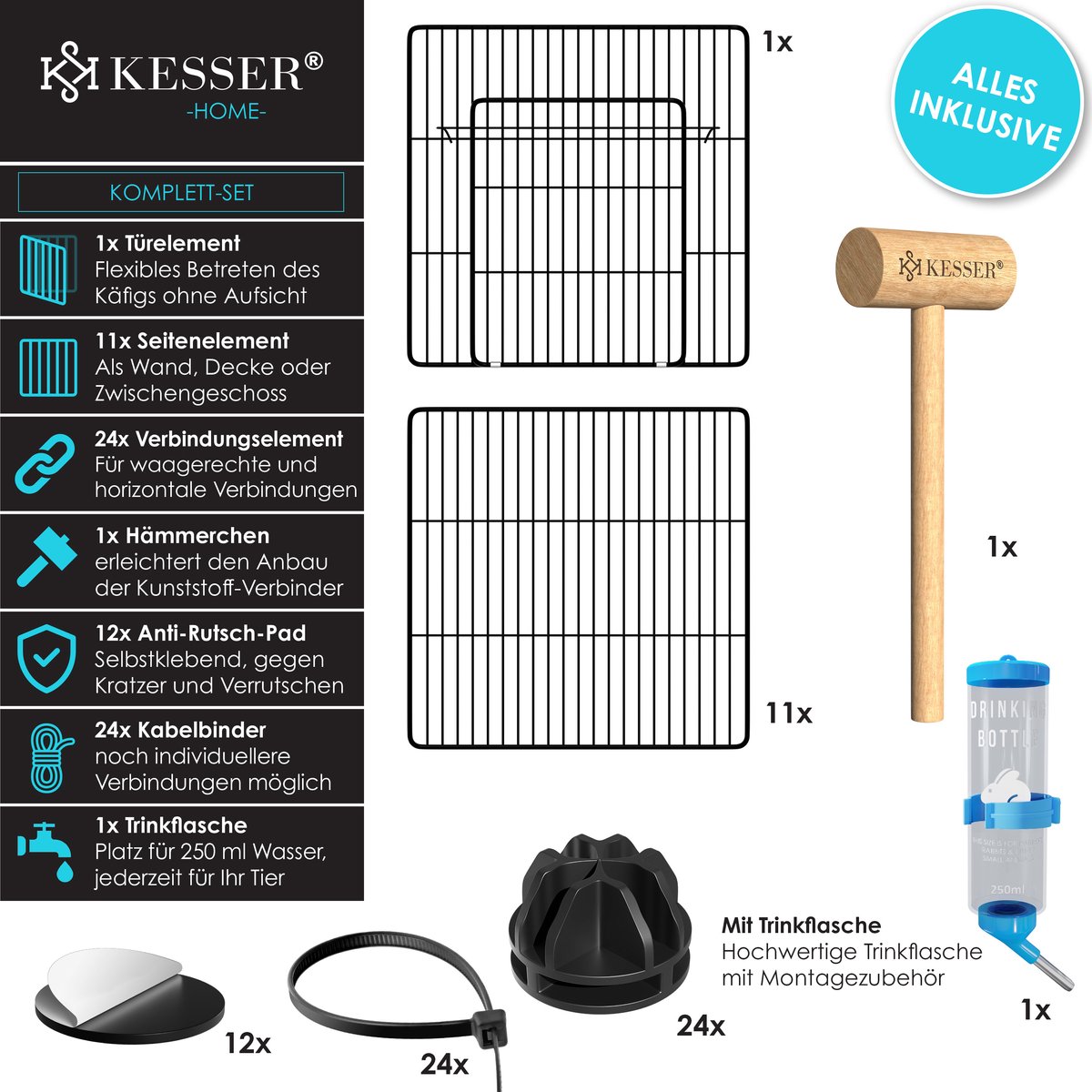 KESSER® Konijnenren - Konijnenhok - 36x144x72 cm - Binnen & Buiten - Zwart thumbnail 7