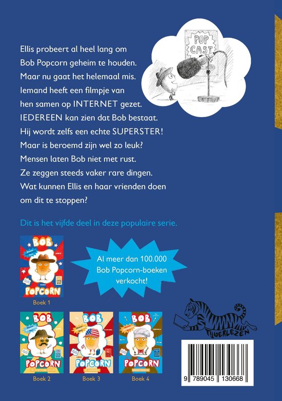 Achterkant van het Bob Popcorn 5 boek. Totaal 100.000 Bob Popcorn boeken verkocht. Vier boeken met Bob Popcorn in de hoofdrol.