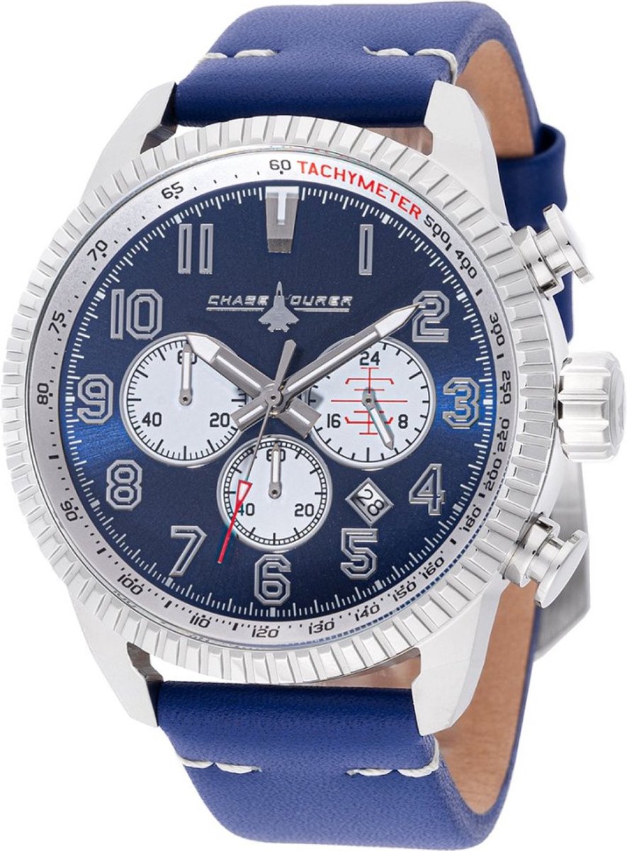 Chase Durer Flight Commander CDW-0088 Heren Horloge - Waterdicht - Analoog - Quartz Uurwerk - Roestvrij Staal met blauwe Wijzerplaat - 46mm