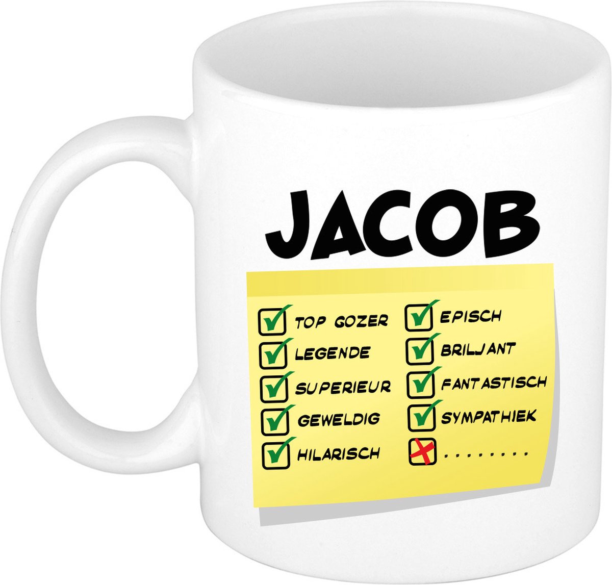 Bellatio Decorations Naam mok Jacob - wit - top gozer - keramiek - 300 ml - cadeau collega beker