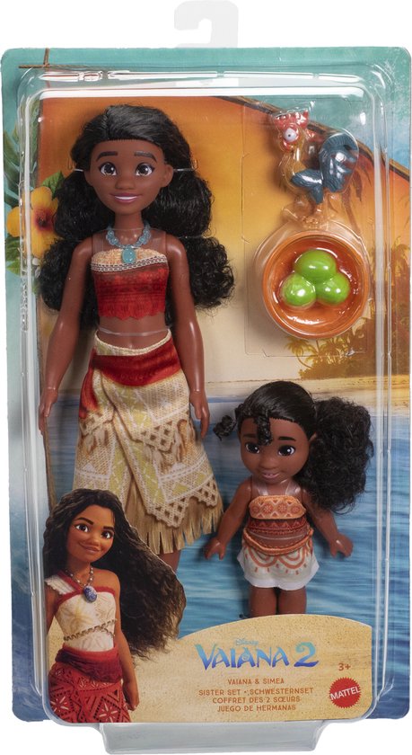 Moana en baby Moana poppen in verpakking. Tekst: "Vaiana 2 SISTER SET".