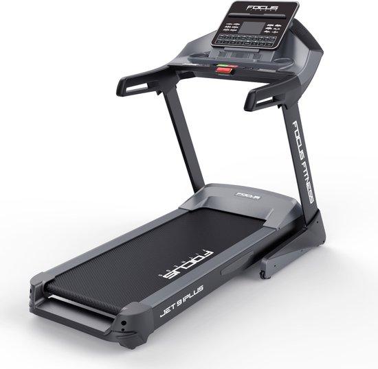 Focus Fitness Jet 9 iPlus loopband in zwart en grijs, met display en handgrepen.
