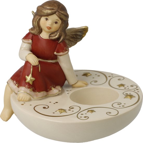 Goebel - Kerst | Windlicht Engel Droom in het kaarslicht rood | Aardewerk - 12cm