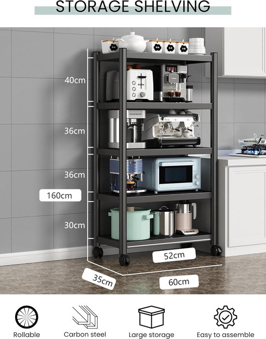 Furnibella - 4 Tier Metalen plank opbergplank Keuken Industriële,Boekenplanken Staande