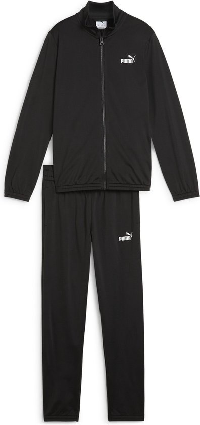 Zwart Puma trainingspak met witte logo's op jas en broek.