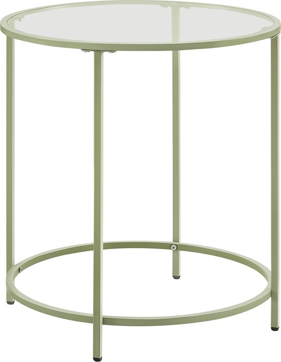 Lichtgroene ronde bijzettafel met glazen blad en metalen frame.