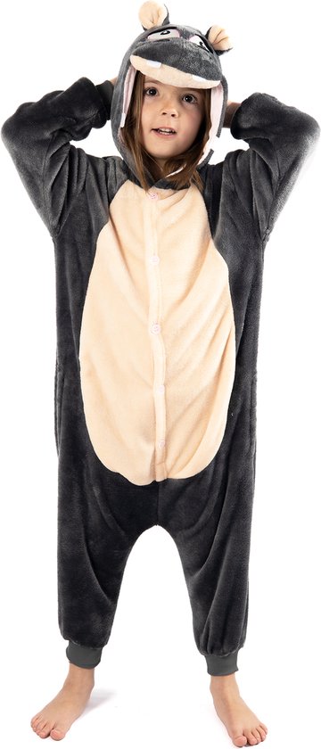 KIMU Onesie Nijlpaard Pakje - Maat 110-116 - Nijlpaardpak Kostuum Grijs Hippo Pak - Peuter Zacht Jumpsuit Huispak Dierenpak Jongen Meisje Halloween