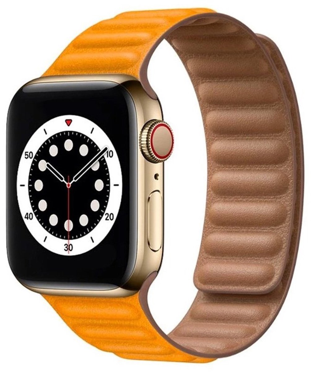 Mobiq - Leather Link Magnetisch Bandje geschikt voor Apple Watch 38 mm - geel