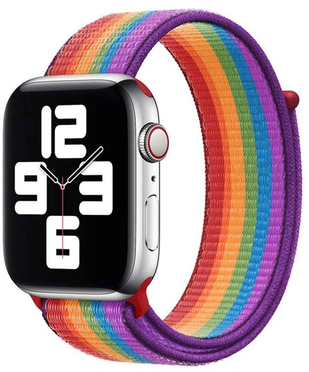 Mobiq - Nylon Strap Bandje geschikt voor Apple Watch 49 mm - regenboog