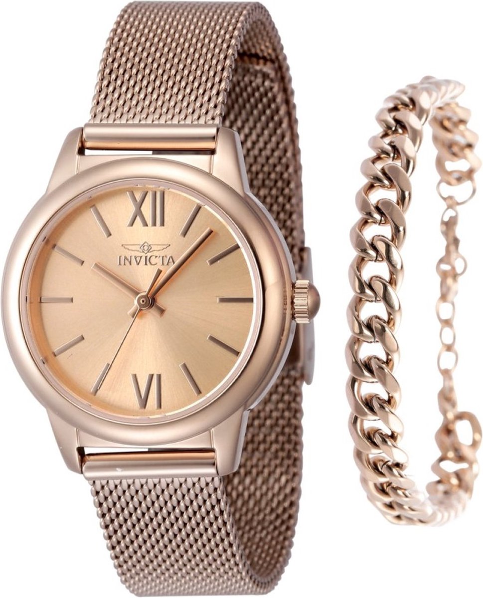 Invicta Angel 48251 Dames Horloge - Waterdicht - Analoog - Quartz Uurwerk - Roestvrij Staal met rosegouden Wijzerplaat - 30mm