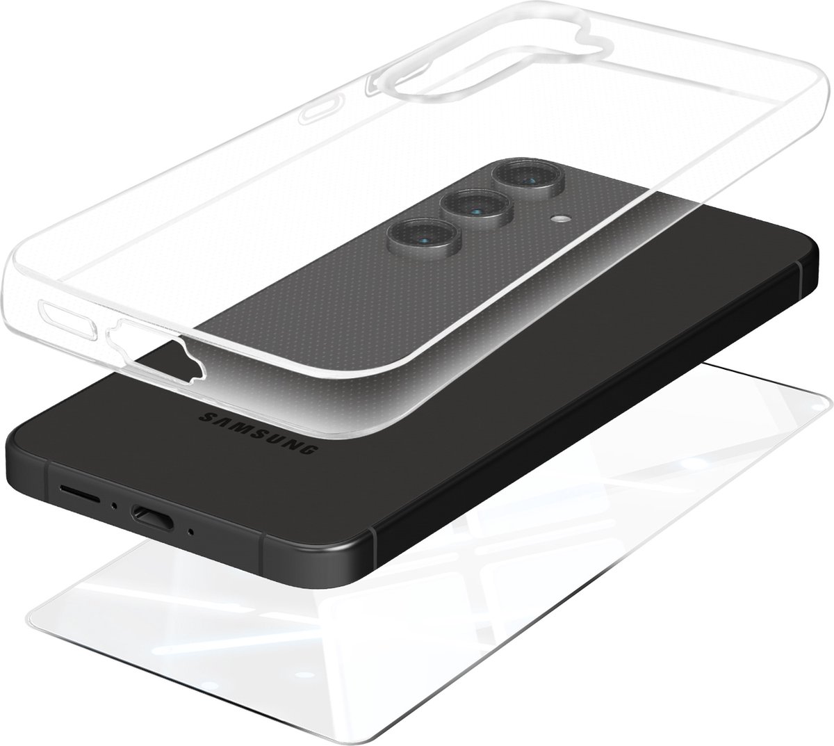 Mayaxess, Beschermingspakket Geschikt voor Samsung Galaxy S24 FE Soft Shell en gehard glas, Transparant