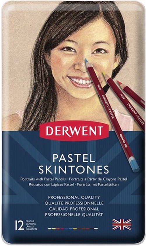 Blikken doos met 12 Derwent Pastel potloden in huidtinten, met tekening van een lachend meisje.
