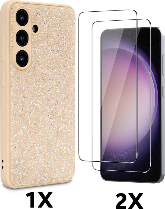 Telefoonhoesje met champagne glitter en gouden rand, naast twee doorzichtige screenprotectors.