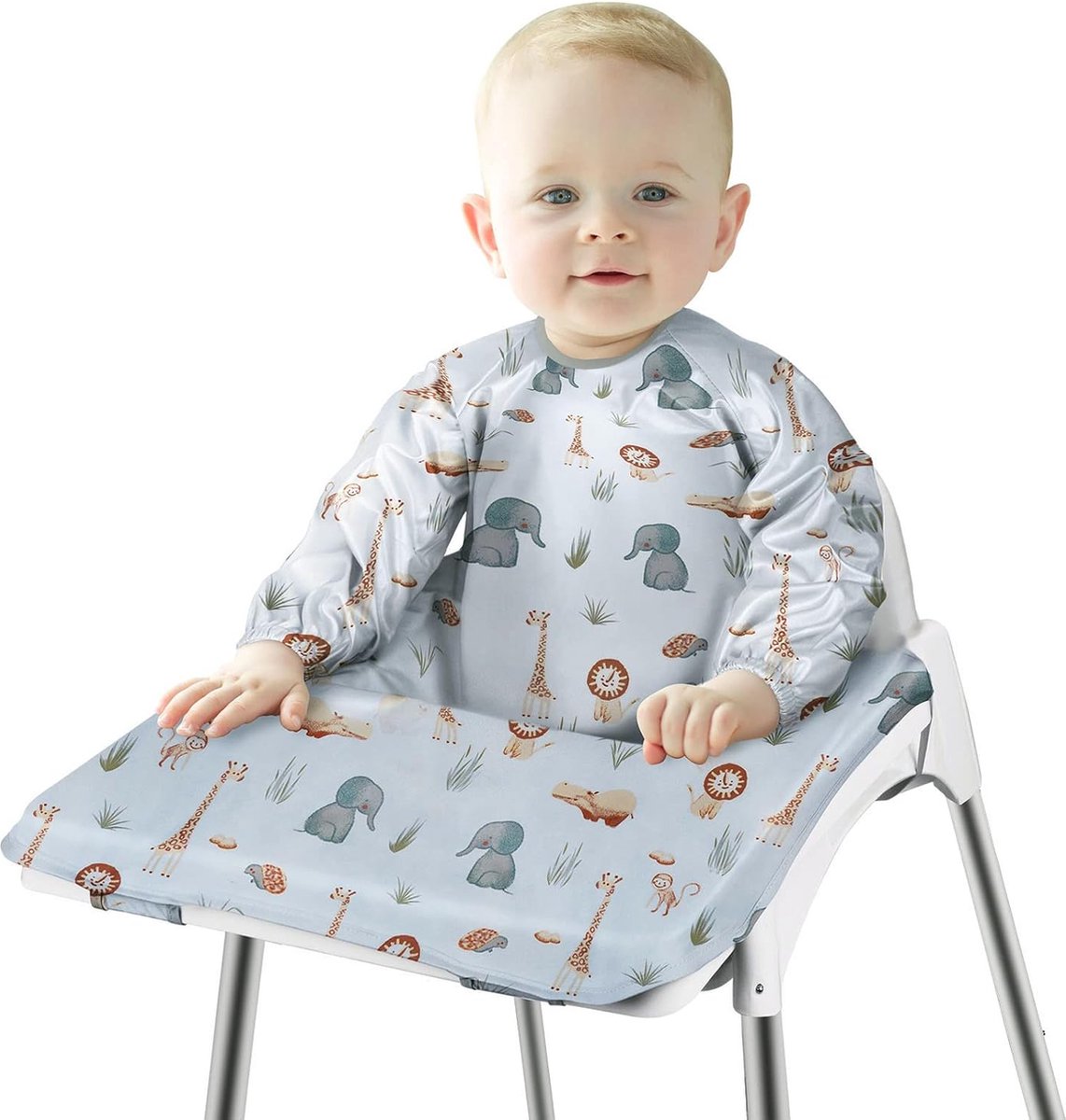 Goedkoopste Slabbetje met mouwen Baby Mouwslabbetje Bevestigt zich aan je kinderstoel, babyslabbetje met mouwen Waterdicht voor jongens meisjes peuter voeding slabbetje schort (blauw