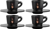 Bialetti Octagonal Espresso Kopjes Set – 4 Kopjes met Schotels – 75 ml – Mat Zwart Porselein met Goudkleurige Details
