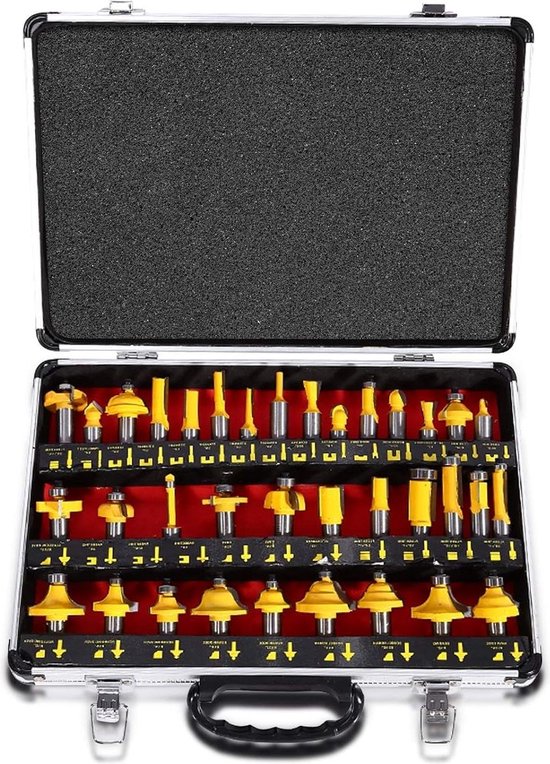 35-delige houtfrees freesset bovenfrees - houtsnijder groeffrees profielfrees met opbergdoos - 1/2 inch schacht (geel)