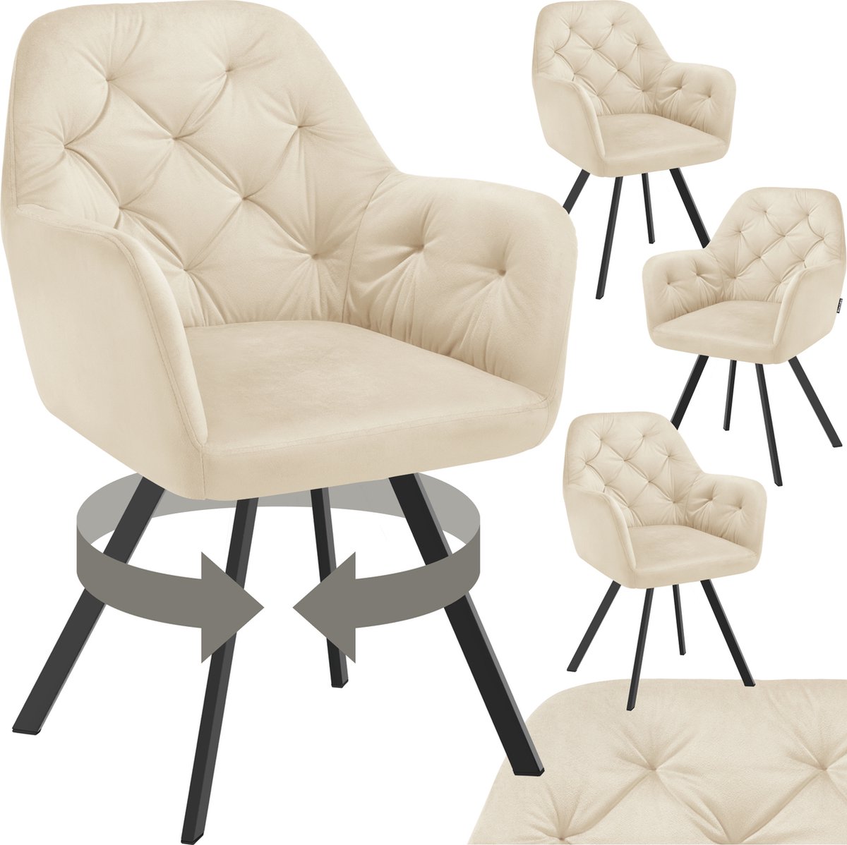 Tectake Draaistoel Fluweellook – Eetkamerstoel met Armleuningen – Ergonomische Zitting en Rugleuning – 180° Draaibaar – Moderne Stalen Poten – Set van 4 - Crème creme