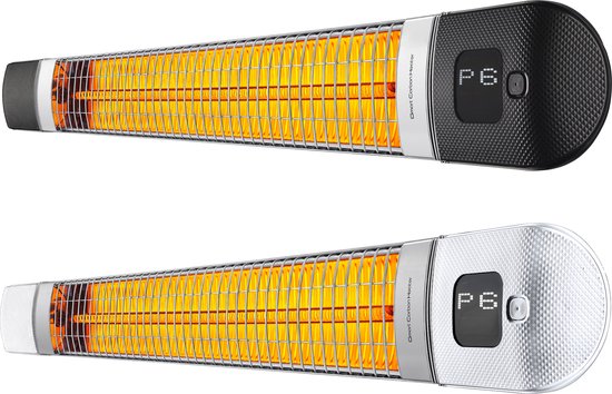Twee slanke, witte infrarood terrasverwarmers met zwarte en zilverkleurige accenten en digitale displays.