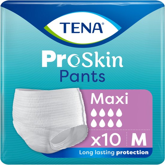 TENA ProSkin Pants Maxi maat M. Witte incontinentiebroekjes met elastische tailleband, in een turquoise verpakking. Lange bescherming.